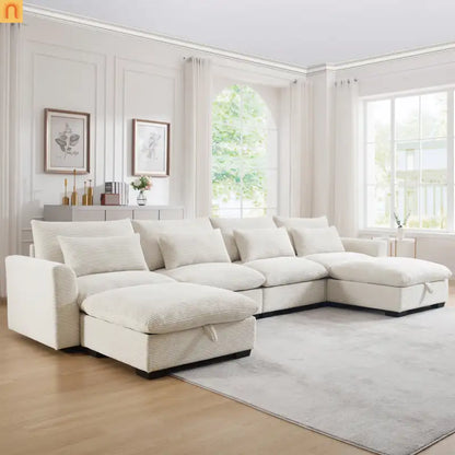 Sectional Sofa U-Shape Corduroy Beige 4-Seat Storage
