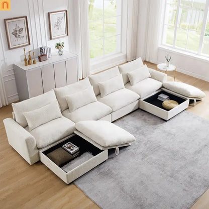 Sectional Sofa U-Shape Corduroy Beige 4-Seat Storage