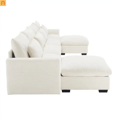 Sectional Sofa U-Shape Corduroy Beige 4-Seat Storage