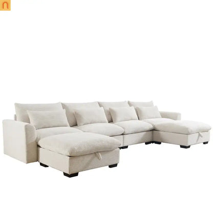 Sectional Sofa U-Shape Corduroy Beige 4-Seat Storage