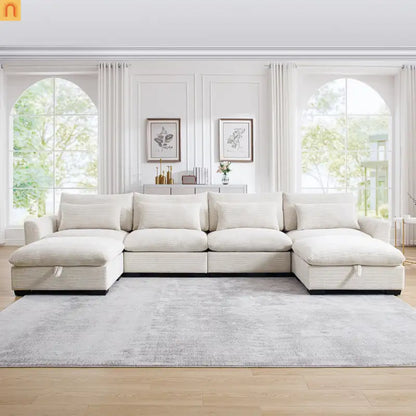 Sectional Sofa U-Shape Corduroy Beige 4-Seat Storage