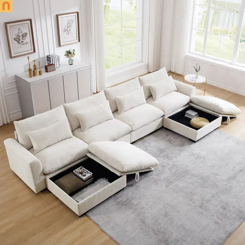 Sectional Sofa U-Shape Corduroy Beige 4-Seat Storage