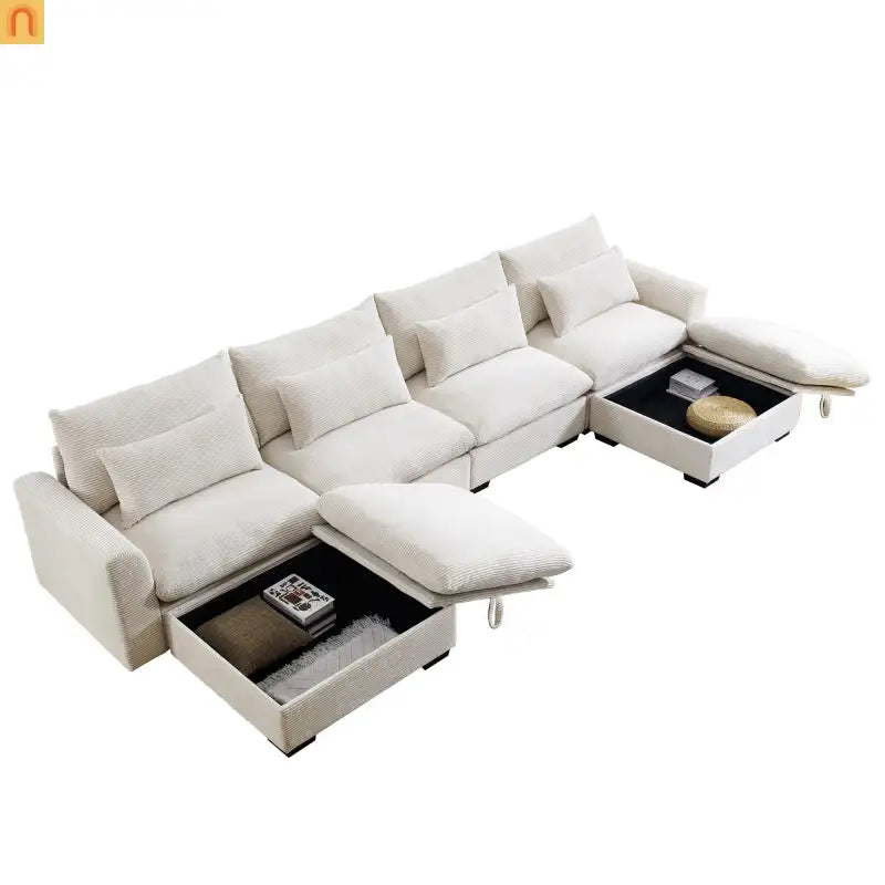 Sectional Sofa U-Shape Corduroy Beige 4-Seat Storage