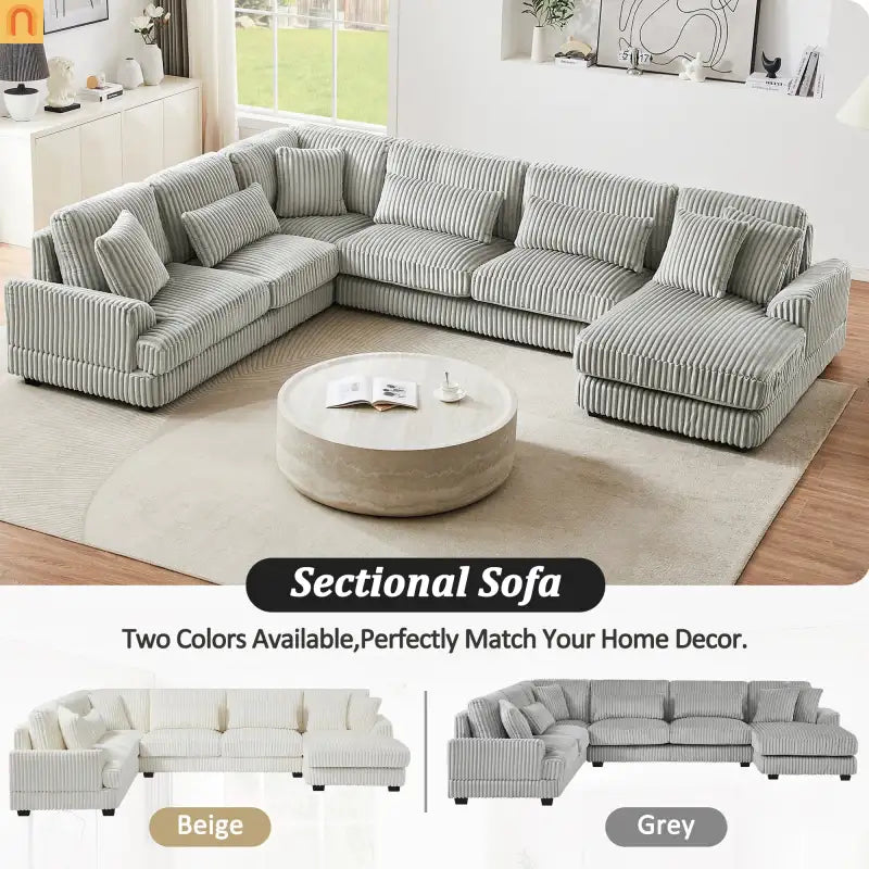 Chaise Lounge Sectional U-Shaped Corduroy Gray 5-Seat 7 Pillows 129in
