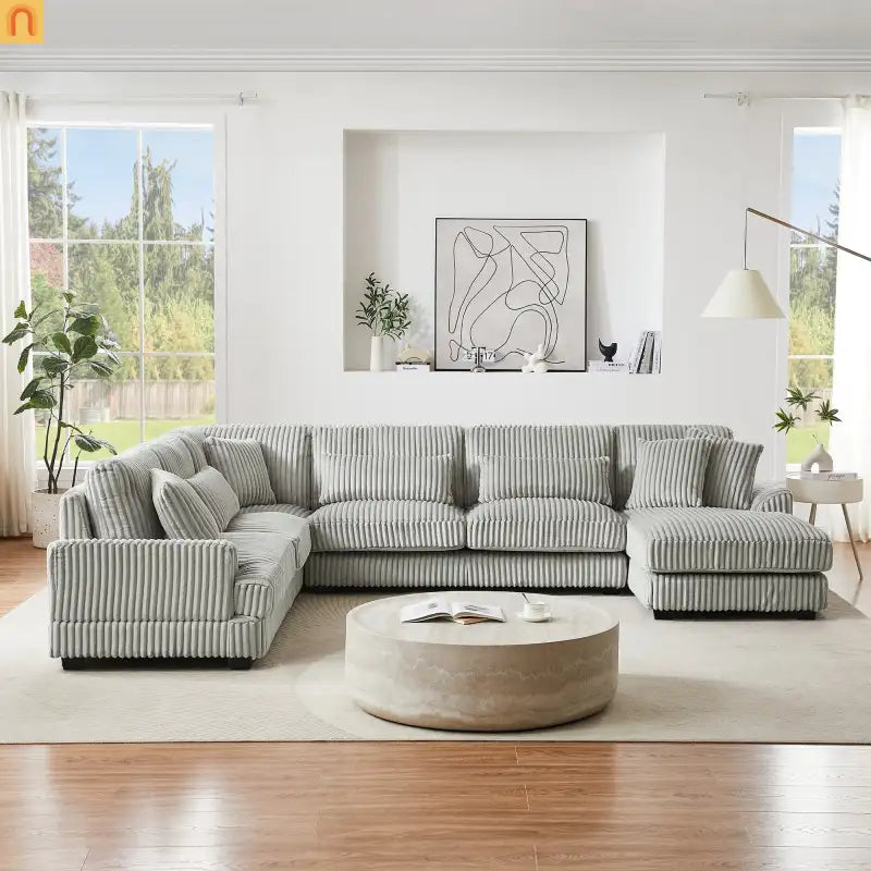 Chaise Lounge Sectional U-Shaped Corduroy Gray 5-Seat 7 Pillows 129in