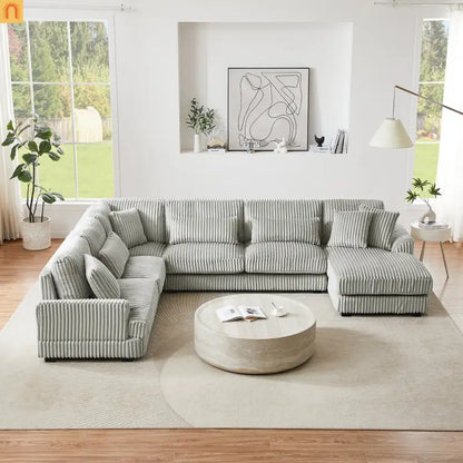 Chaise Lounge Sectional U-Shaped Corduroy Gray 5-Seat 7 Pillows 129in