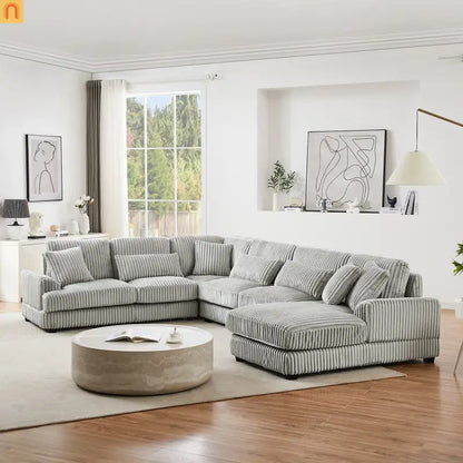 Chaise Lounge Sectional U-Shaped Corduroy Gray 5-Seat 7 Pillows 129in