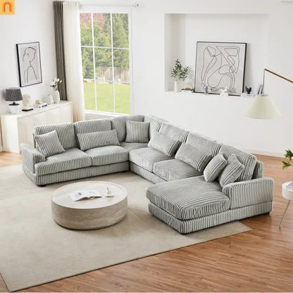 Chaise Lounge Sectional U-Shaped Corduroy Gray 5-Seat 7 Pillows 129in