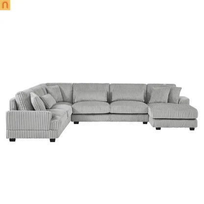 Chaise Lounge Sectional U-Shaped Corduroy Gray 5-Seat 7 Pillows 129in