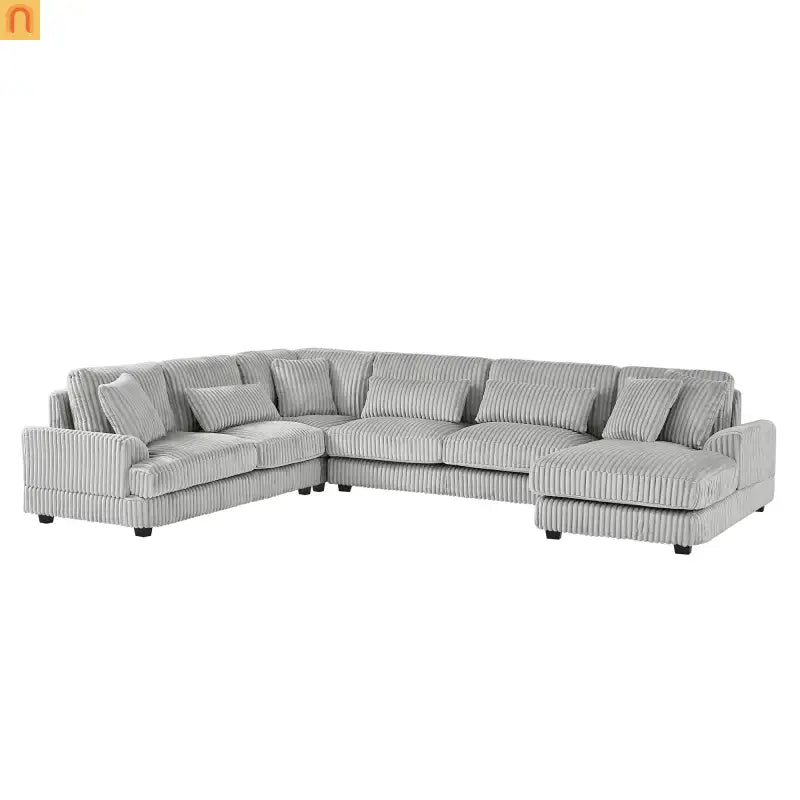 Chaise Lounge Sectional U-Shaped Corduroy Gray 5-Seat 7 Pillows 129in
