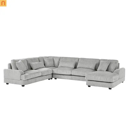 Chaise Lounge Sectional U-Shaped Corduroy Gray 5-Seat 7 Pillows 129in