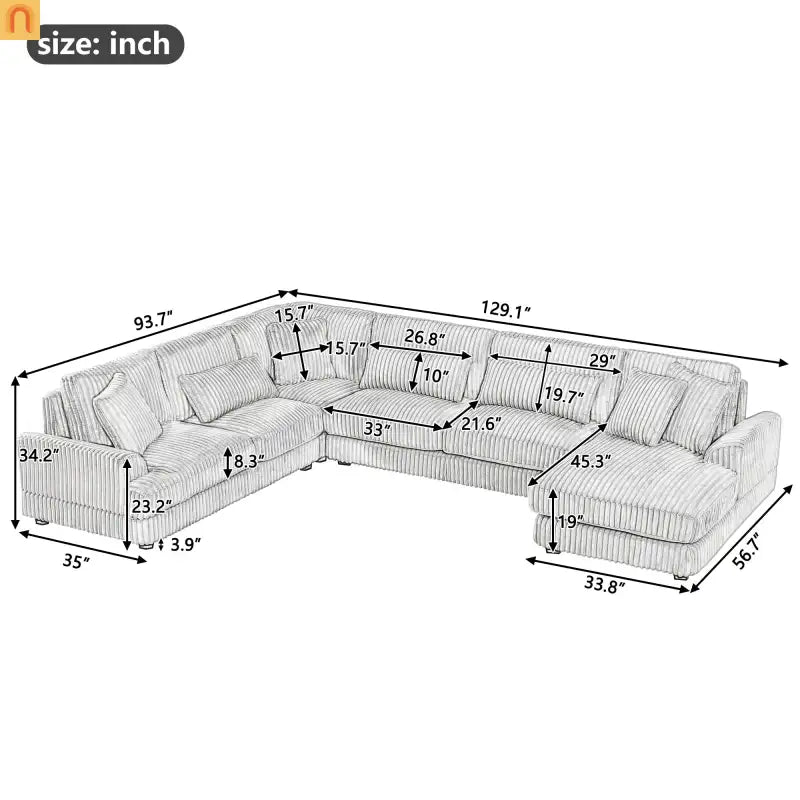 Chaise Lounge Sectional U-Shaped Corduroy Gray 5-Seat 7 Pillows 129in