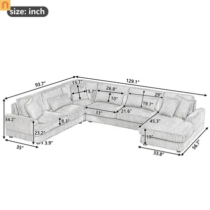 Chaise Lounge Sectional U-Shaped Corduroy Gray 5-Seat 7 Pillows 129in