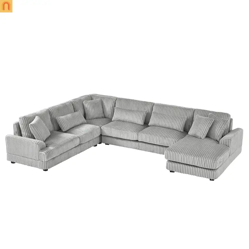 Chaise Lounge Sectional U-Shaped Corduroy Gray 5-Seat 7 Pillows 129in