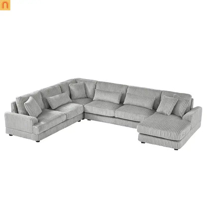 Chaise Lounge Sectional U-Shaped Corduroy Gray 5-Seat 7 Pillows 129in