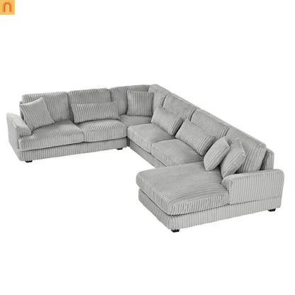 Chaise Lounge Sectional U-Shaped Corduroy Gray 5-Seat 7 Pillows 129in