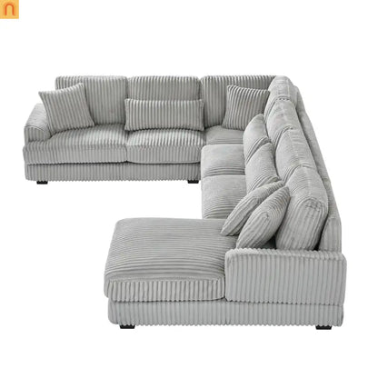 Chaise Lounge Sectional U-Shaped Corduroy Gray 5-Seat 7 Pillows 129in