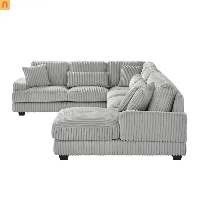 Chaise Lounge Sectional U-Shaped Corduroy Gray 5-Seat 7 Pillows 129in