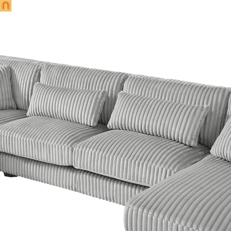 Chaise Lounge Sectional U-Shaped Corduroy Gray 5-Seat 7 Pillows 129in