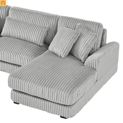 Chaise Lounge Sectional U-Shaped Corduroy Gray 5-Seat 7 Pillows 129in