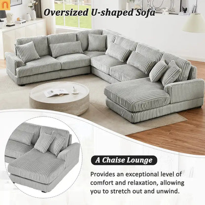 Chaise Lounge Sectional U-Shaped Corduroy Gray 5-Seat 7 Pillows 129in