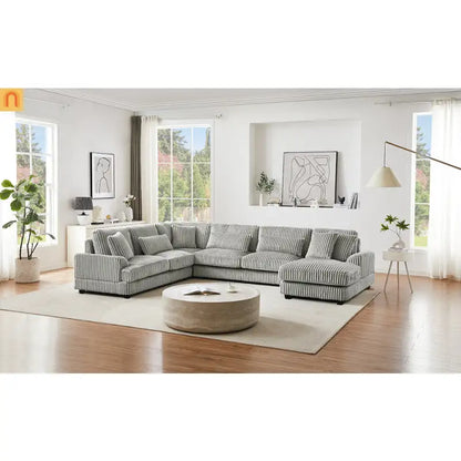 Chaise Lounge Sectional U-Shaped Corduroy Gray 5-Seat 7 Pillows 129in