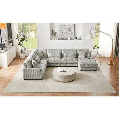 Chaise Lounge Sectional U-Shaped Corduroy Gray 5-Seat 7 Pillows 129in