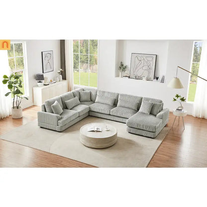 Chaise Lounge Sectional U-Shaped Corduroy Gray 5-Seat 7 Pillows 129in