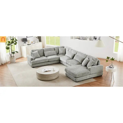 Chaise Lounge Sectional U-Shaped Corduroy Gray 5-Seat 7 Pillows 129in