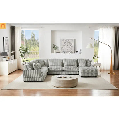 Chaise Lounge Sectional U-Shaped Corduroy Gray 5-Seat 7 Pillows 129in