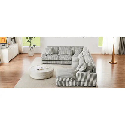 Chaise Lounge Sectional U-Shaped Corduroy Gray 5-Seat 7 Pillows 129in