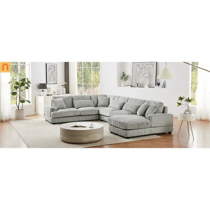 Chaise Lounge Sectional U-Shaped Corduroy Gray 5-Seat 7 Pillows 129in