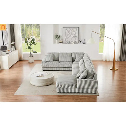 Chaise Lounge Sectional U-Shaped Corduroy Gray 5-Seat 7 Pillows 129in