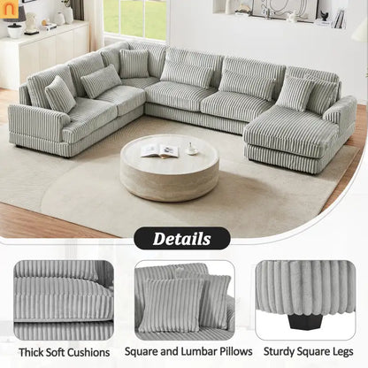 Chaise Lounge Sectional U-Shaped Corduroy Gray 5-Seat 7 Pillows 129in