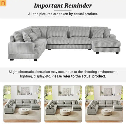 Chaise Lounge Sectional U-Shaped Corduroy Gray 5-Seat 7 Pillows 129in
