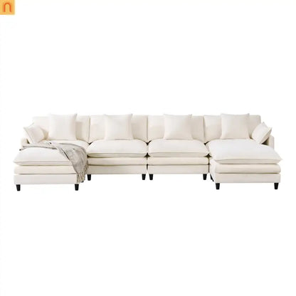 Sectional Sofa U-Shaped Chenille Beige 4-Seat 2 Ottomans 141in