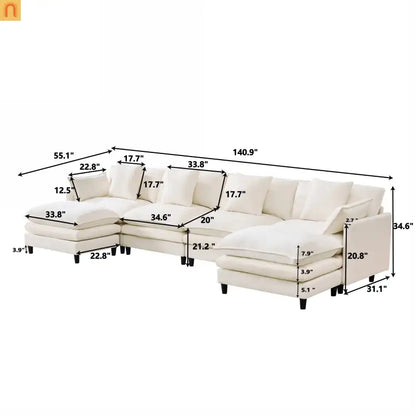 Sectional Sofa U-Shaped Chenille Beige 4-Seat 2 Ottomans 141in