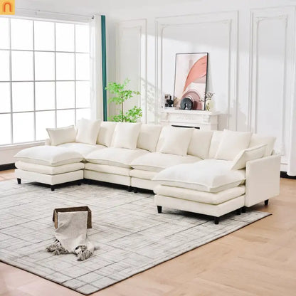 Sectional Sofa U-Shaped Chenille Beige 4-Seat 2 Ottomans 141in