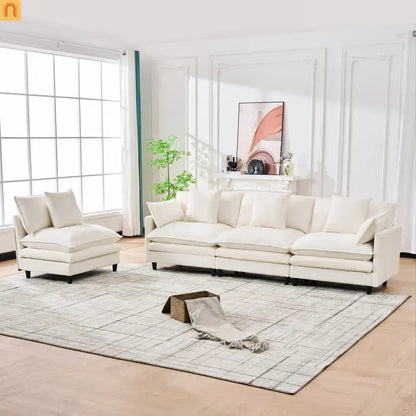Sectional Sofa U-Shaped Chenille Beige 4-Seat 2 Ottomans 141in