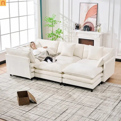 Sectional Sofa U-Shaped Chenille Beige 4-Seat 2 Ottomans 141in