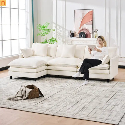 Sectional Sofa U-Shaped Chenille Beige 4-Seat 2 Ottomans 141in