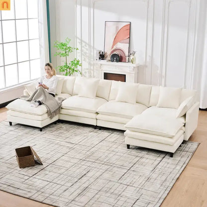Sectional Sofa U-Shaped Chenille Beige 4-Seat 2 Ottomans 141in