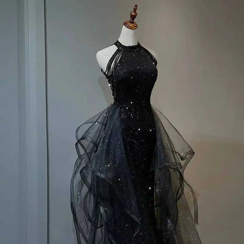Sequined Halter Tulle Black Evening Dress