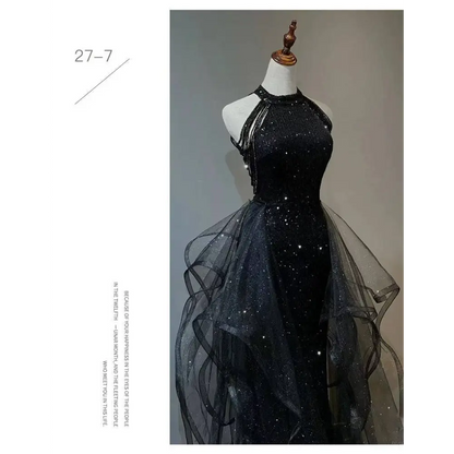 Sequined Halter Tulle Black Evening Dress