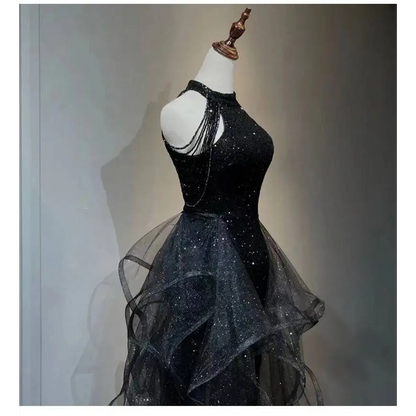 Sequined Halter Tulle Black Evening Dress