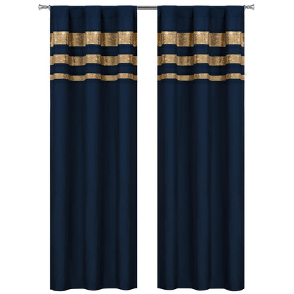 Set of 2: Velvet Metallic Stripe Border Blackout Window Curtain Pair Panel