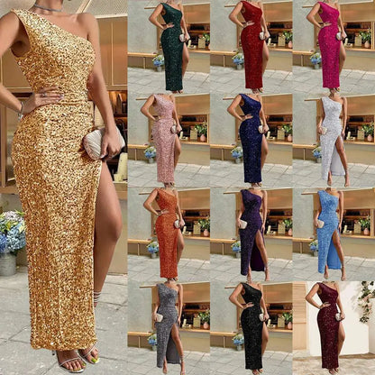Women's Sequined One Shoulder Split Evening Gown