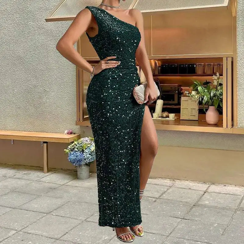 Sexy Sequined Shoulder Sleeping Beauty Split Dress