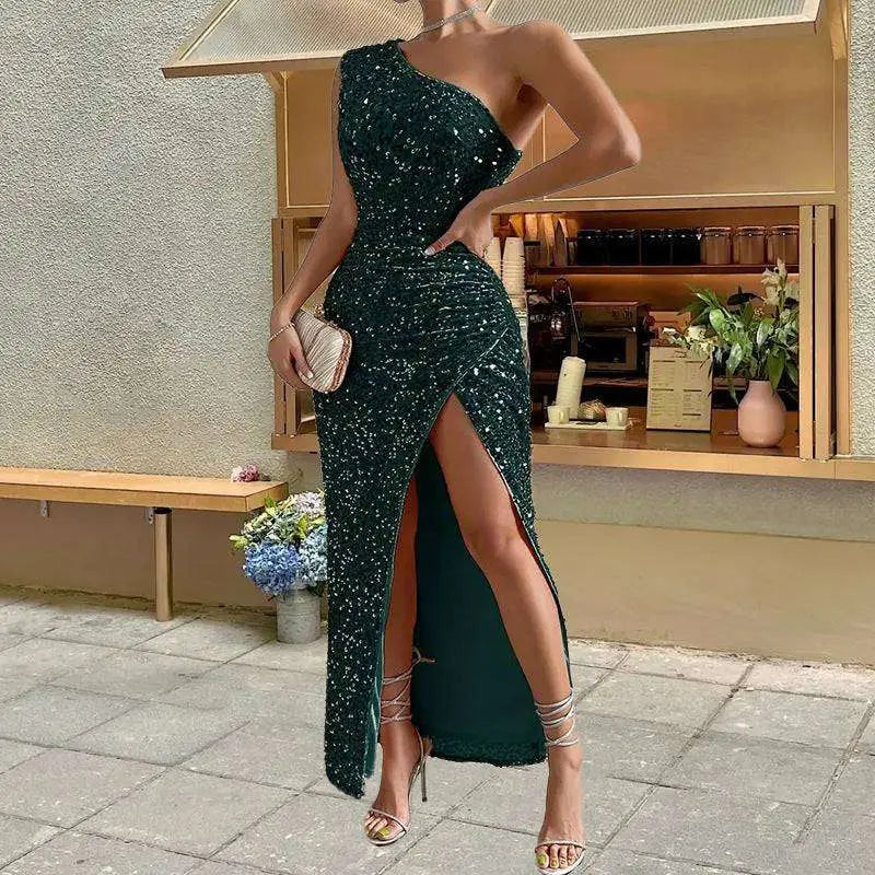 Sexy Sequined Shoulder Sleeping Beauty Split Dress
