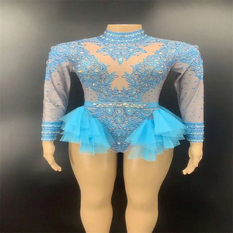 Sexy Shiny Rhinestone Mesh Performance Leotard